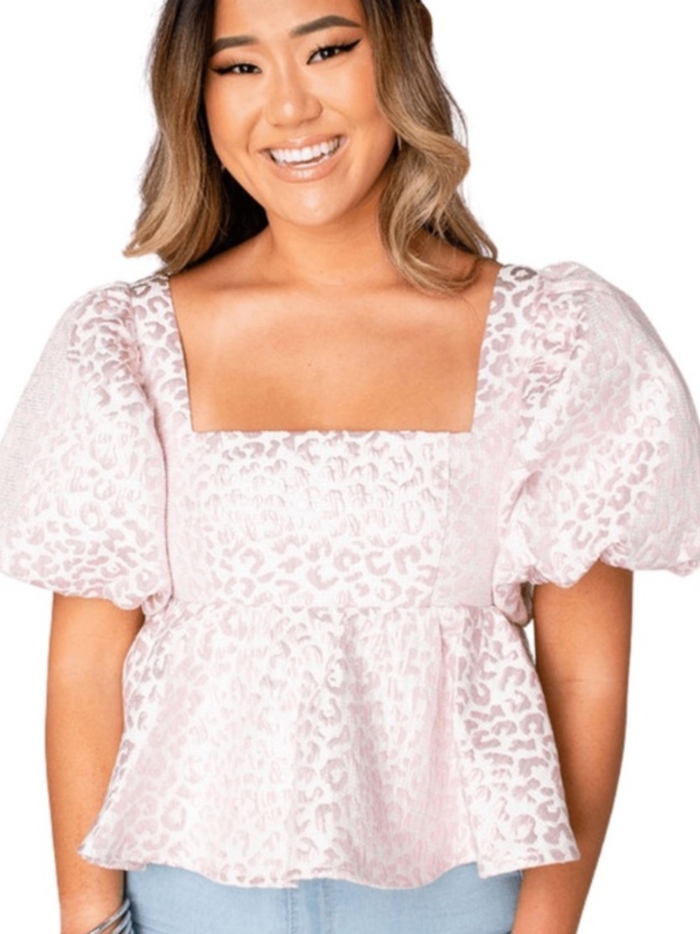 Buddy Love Pink Leopard Puff Sleeve Peplum Top
